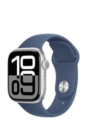 Apple Watch Series 10 GPS + Cellular Silver Aluminium, Denim Sport Band S/M, MWX33QF/A, 42mm