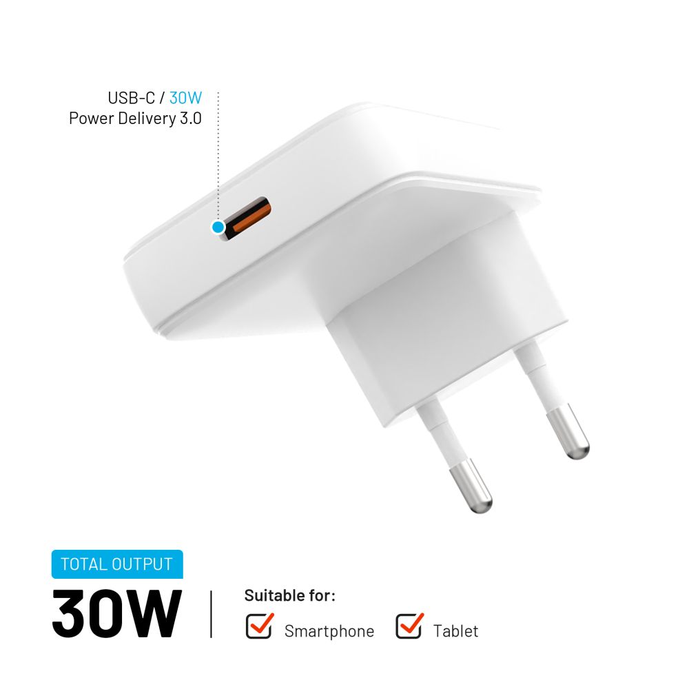 FIXED Slim USB-C Travel Charger, GaN, PD support, 30W, white