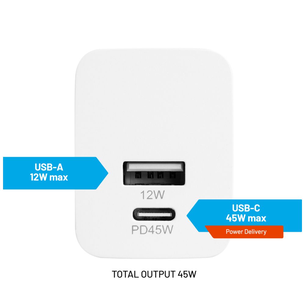 FIXED Mini USB-C/USB Travel Charger 45W, white