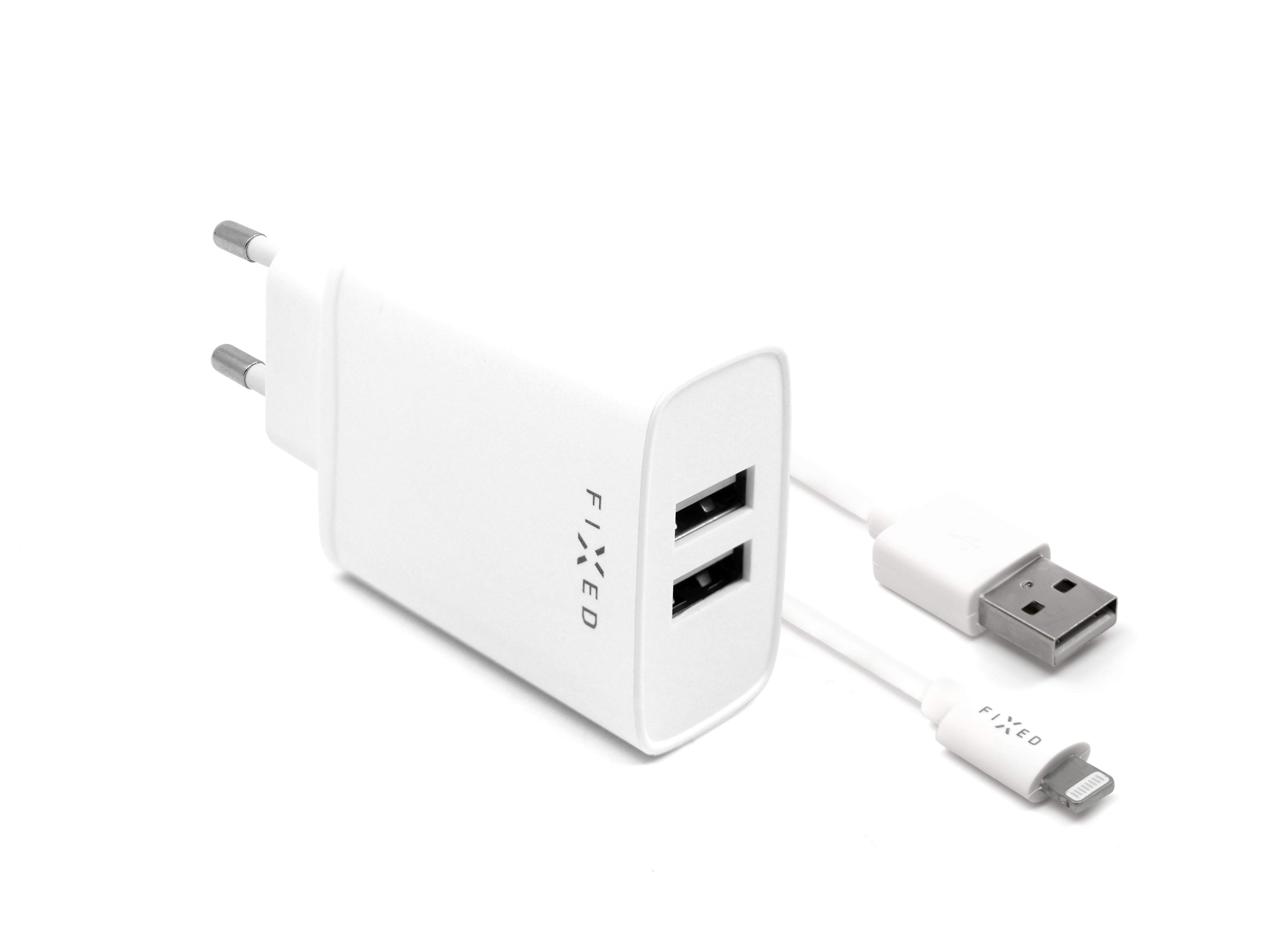 FIXED Dual USB Travel Charger 15W+ USB/Lightning Cable, white