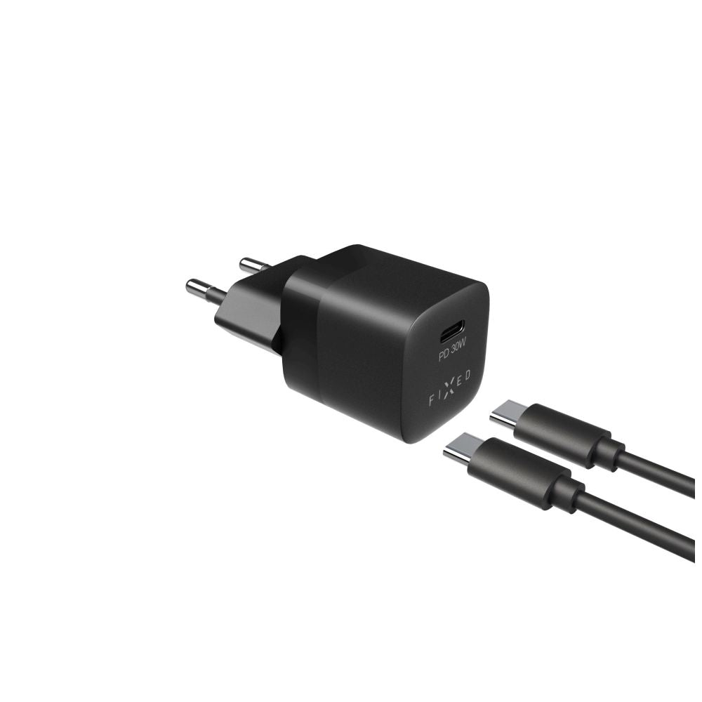 FIXED Mini Travel Charger 30W + USB-C/USB-C Cable, black