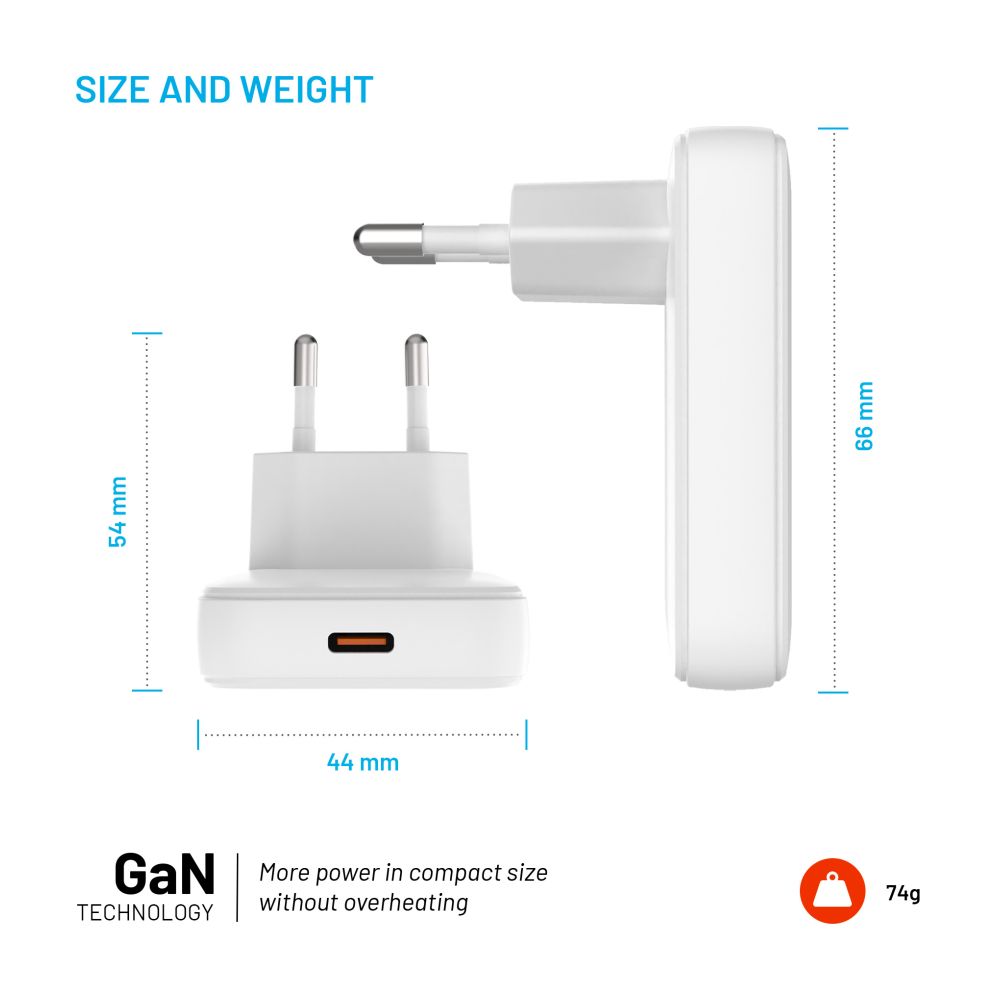 FIXED Slim USB-C Travel Charger, GaN, PD support, 30W, white