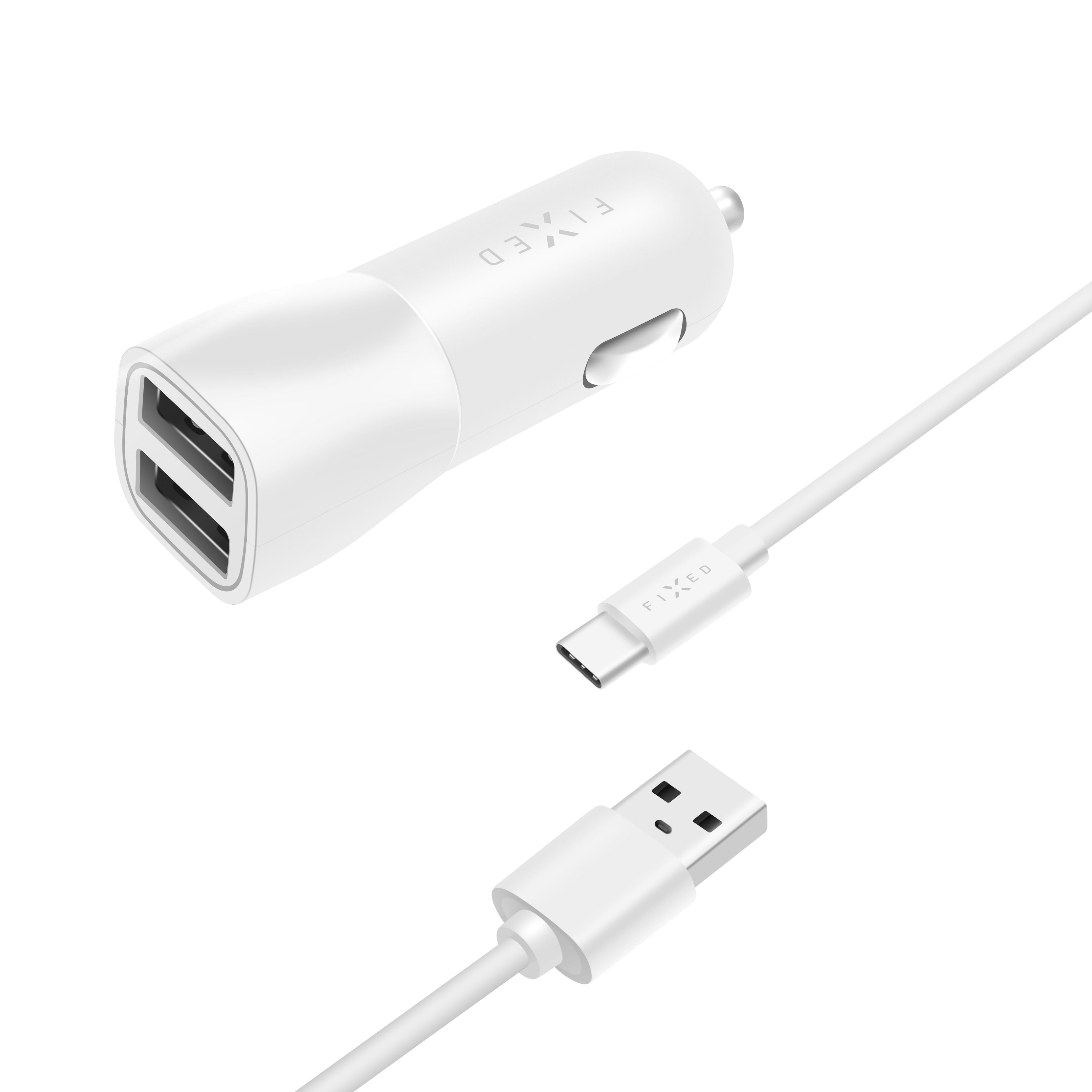 FIXED Dual USB Car Charger 15W+ USB/USB-C Cable, white