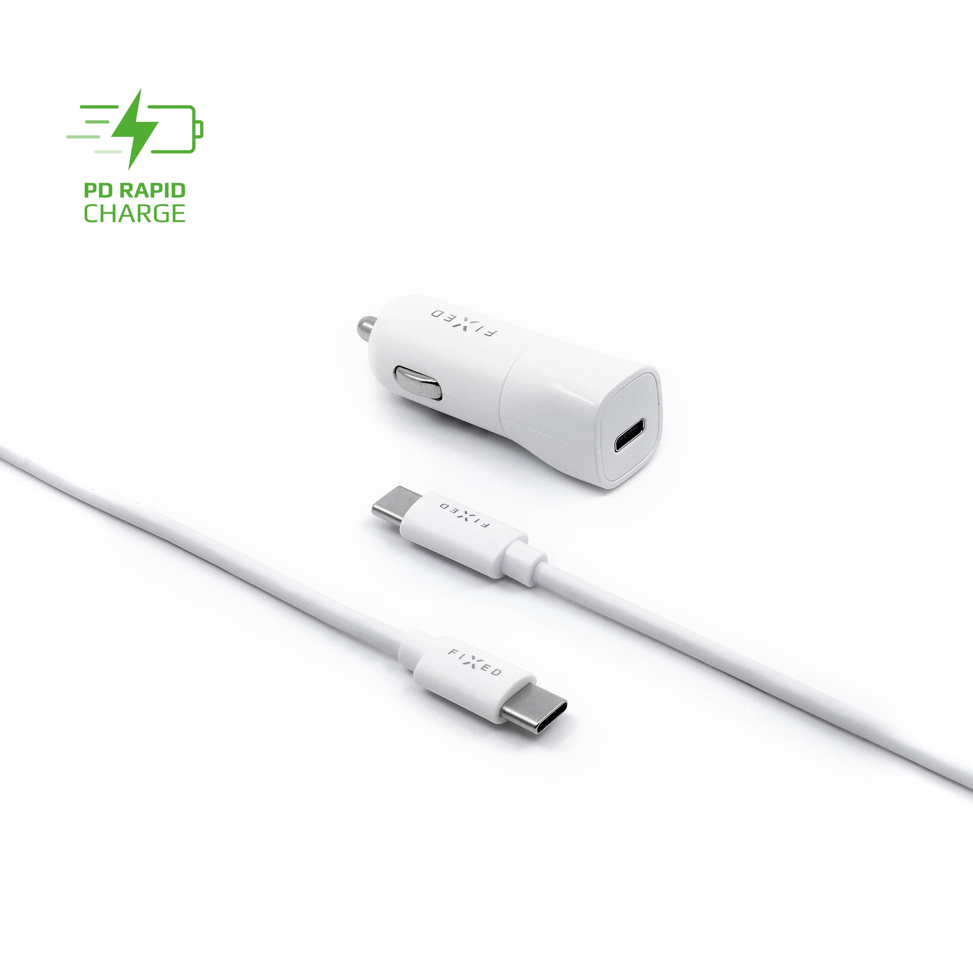 FIXED USB-C Car Charger 18W+ USB-C/USB-C Cable, white