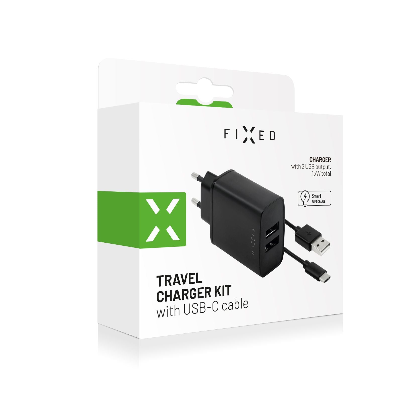 FIXED Dual USB Travel Charger 15W+ USB/USB-C Cable, black