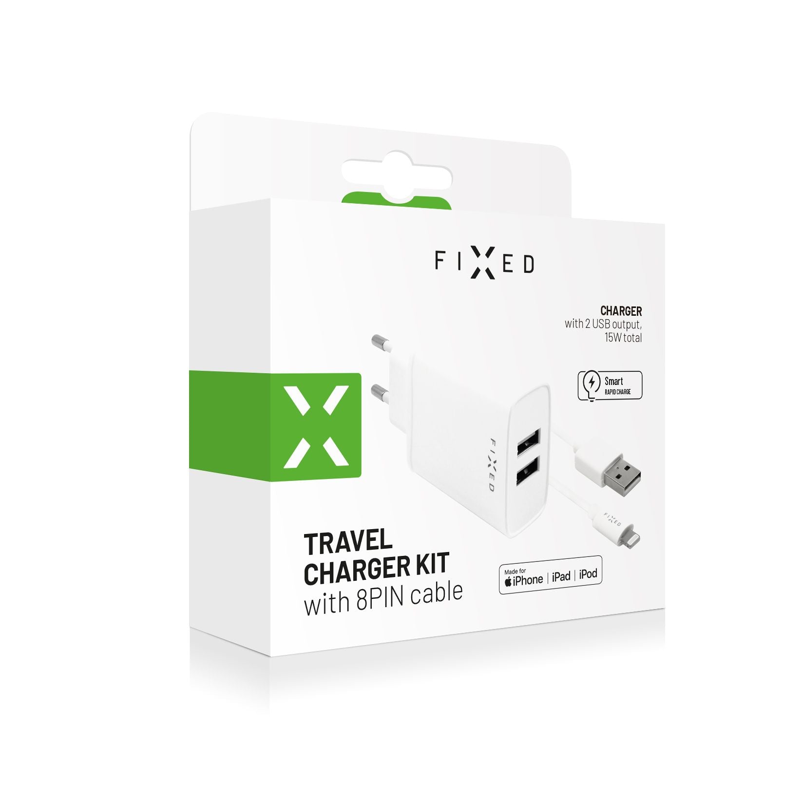 FIXED Dual USB Travel Charger 15W+ USB/Lightning Cable, white