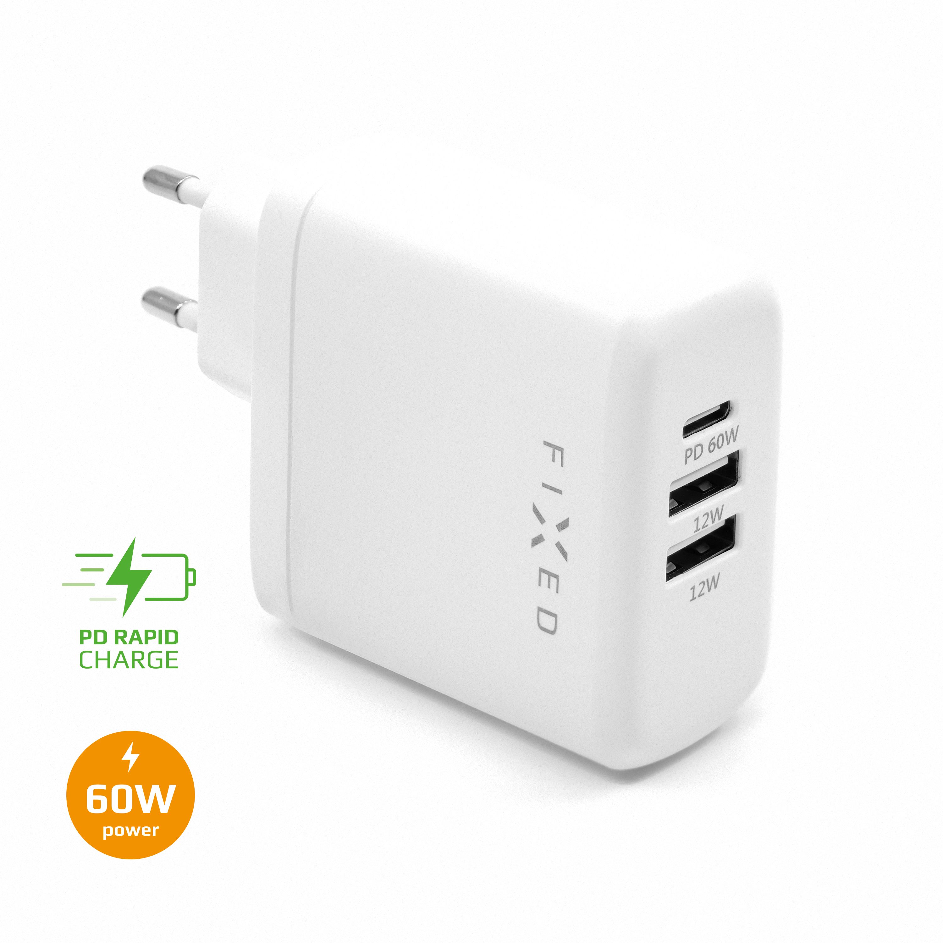 FIXED USB-C/2xUSB Travel Charger 60W, white