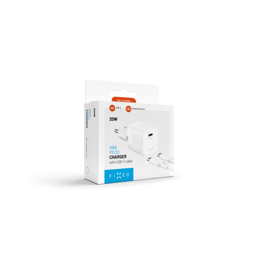 FIXED Mini Travel Charger 20W+ USB-C/USB-C Cable, white