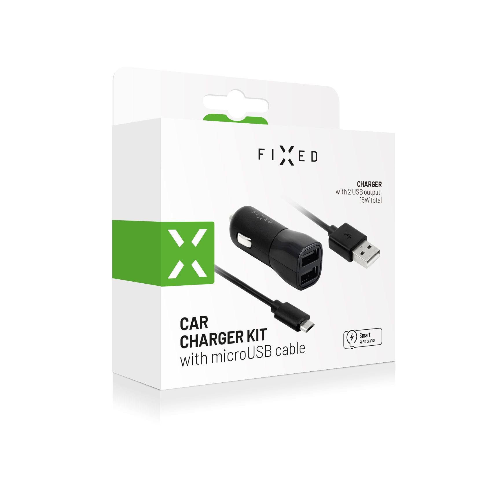 FIXED Dual USB Car Charger 15W + USB/micro USB Cable, black