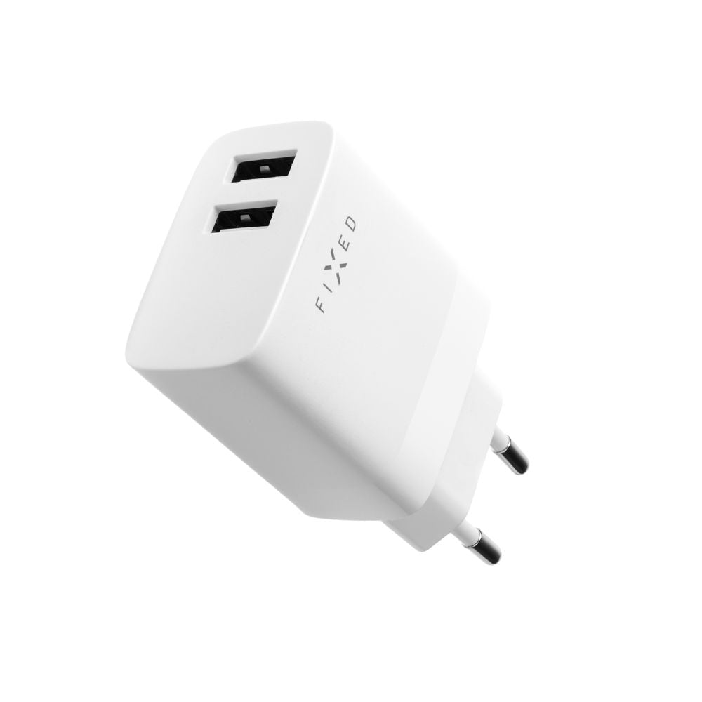 FIXED network charger set with 2xUSB output and USB/Lightning cable, 1 meter, 17W Smart Rapid Charge, white