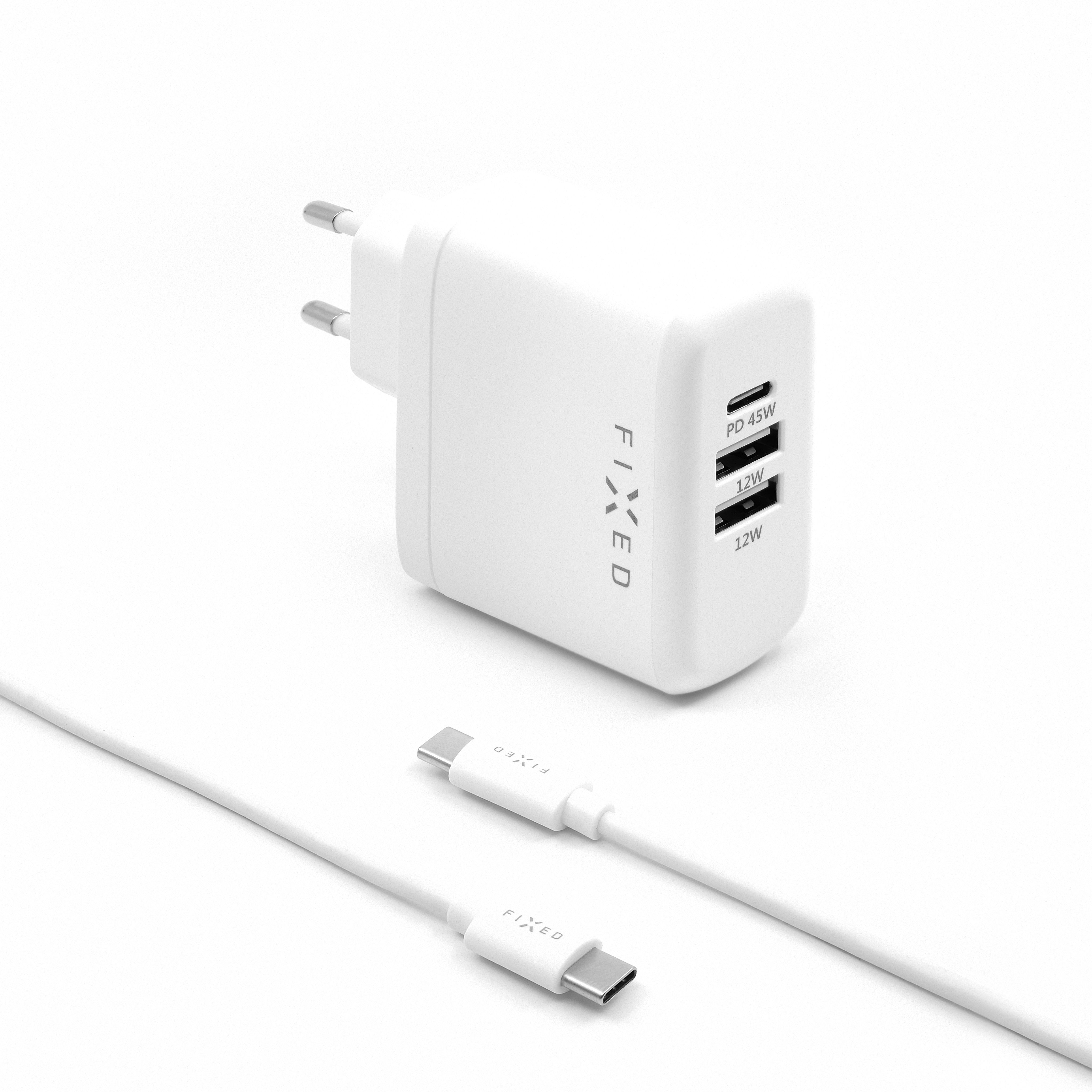 FIXED USB-C/2xUSB Travel Charger+ USB-C/USB-C Cable 45W, white