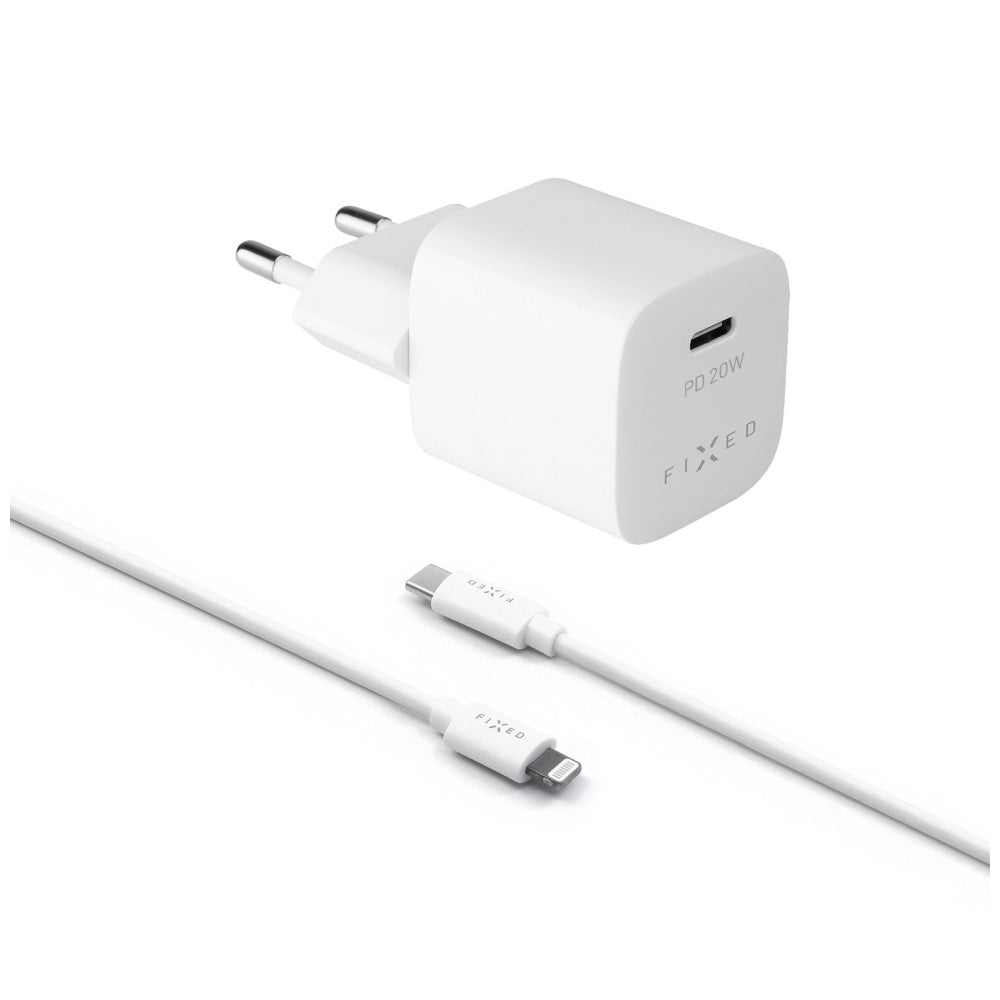 FIXED Mini USB-C Travel Charger 20W+ USB-C/Lightning Cable, white