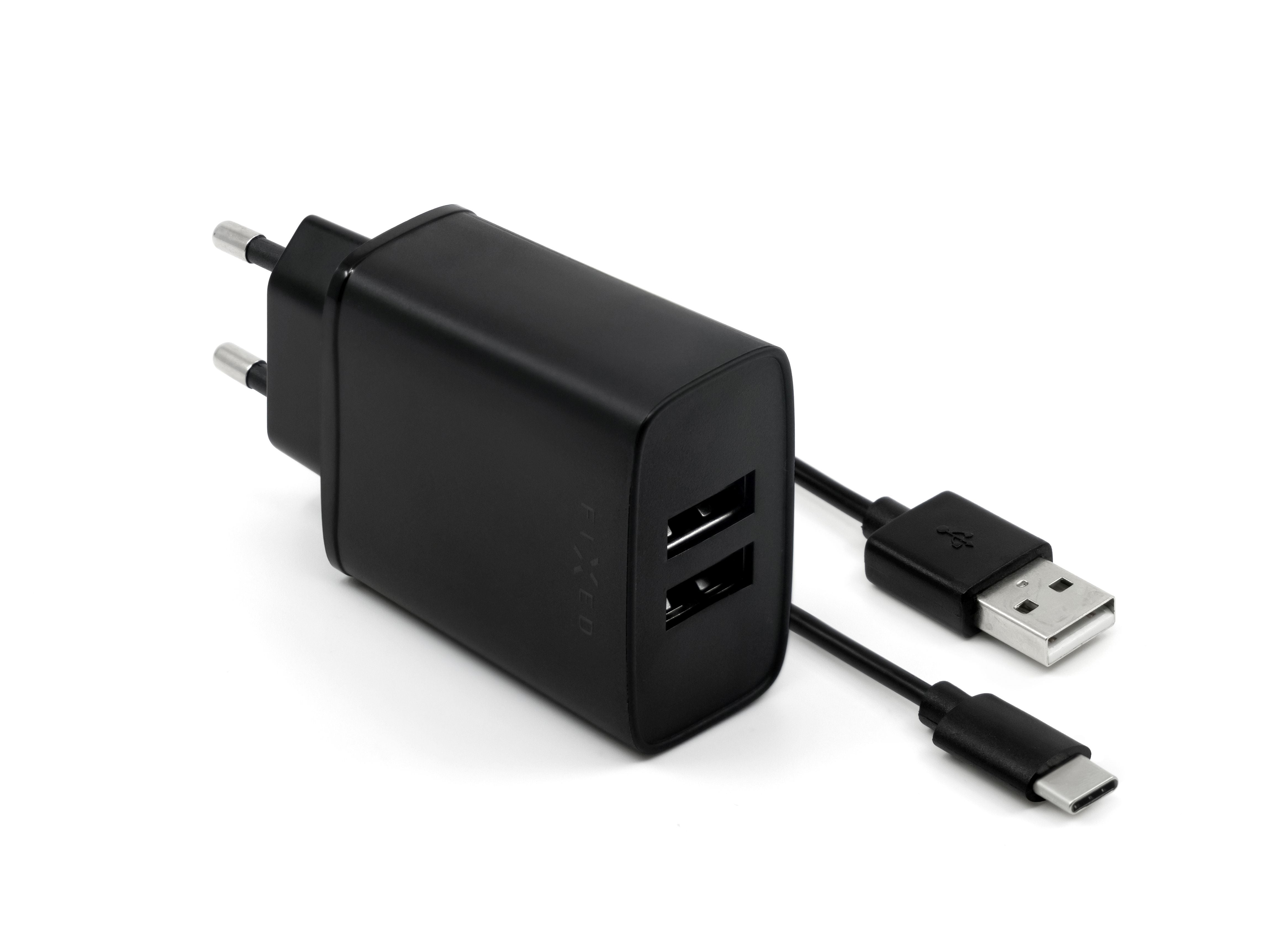 FIXED Dual USB Travel Charger 15W+ USB/USB-C Cable, black