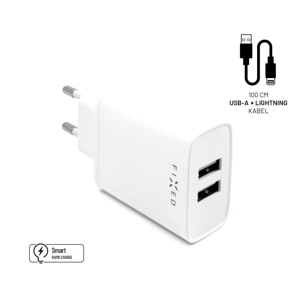 FIXED Dual USB Travel Charger 15W+ USB/Lightning Cable, white