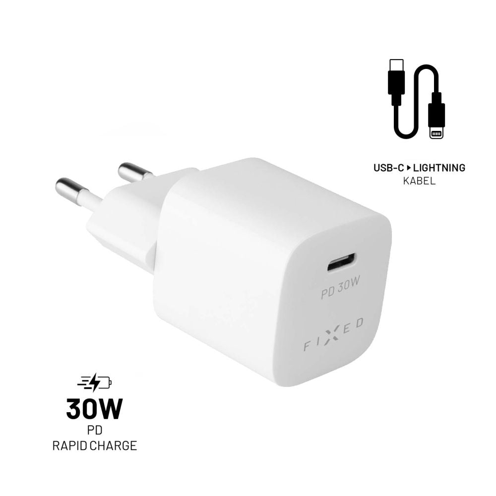 FIXED Mini USB-C Travel Charger 30W + USB-C/Lightning Cable, white