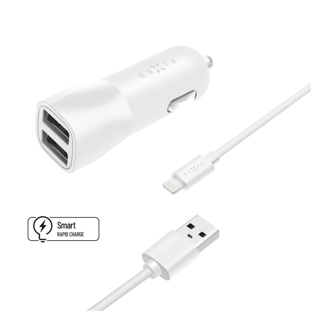 FIXED Dual USB Car Charger 15W+ USB/Lightning Cable, white