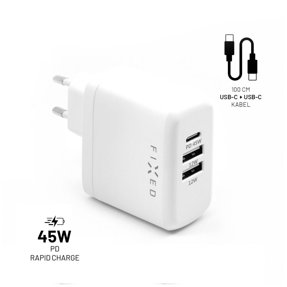 FIXED USB-C/2xUSB Travel Charger+ USB-C/USB-C Cable 45W, white